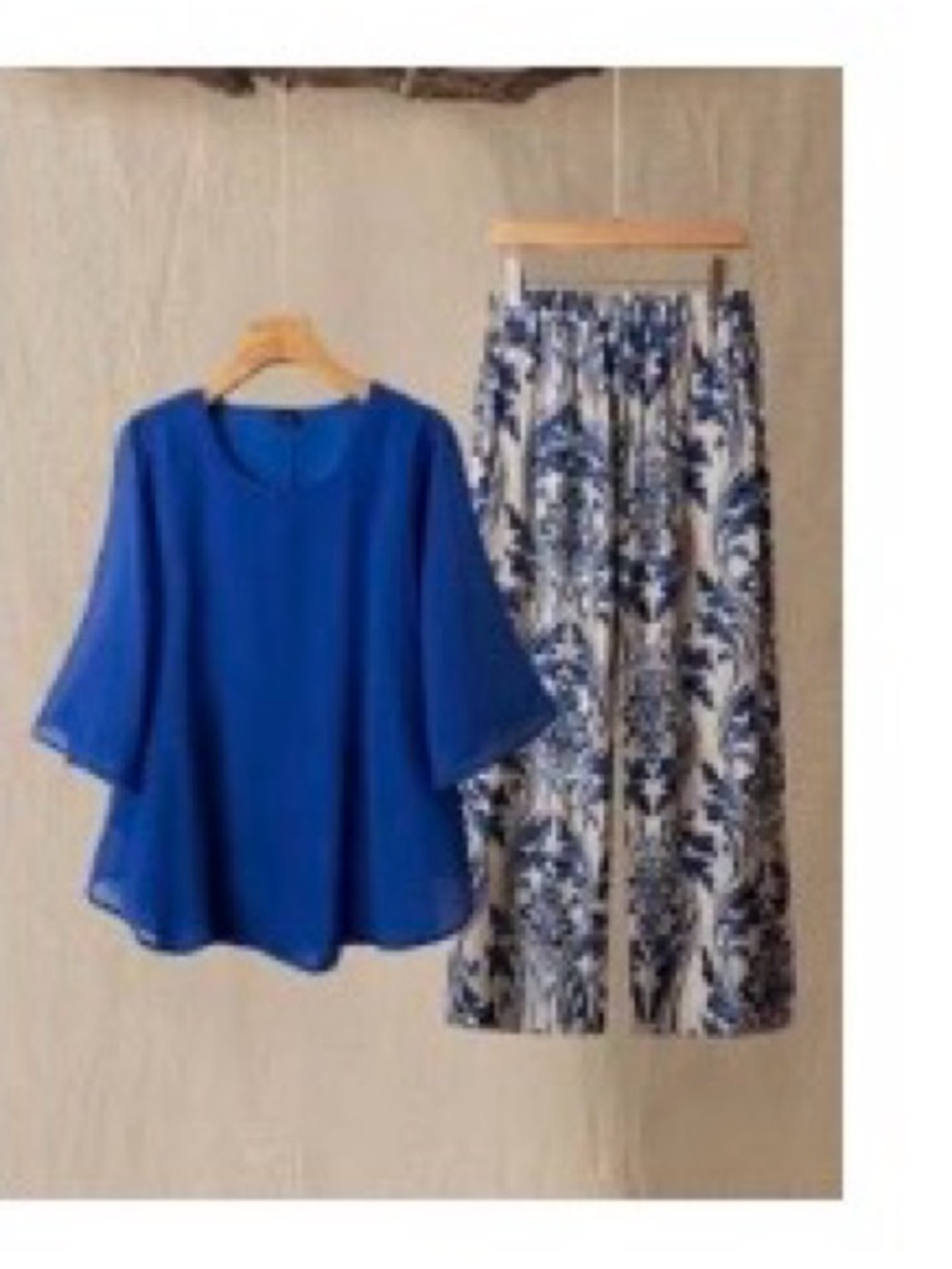 Royal Blue Blouse with Blue & White Floral Wide-Leg Pants